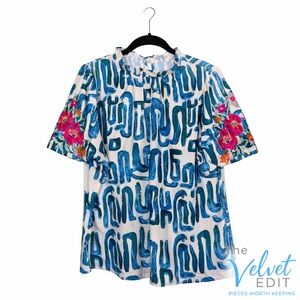 Boutique Blue Abstract Print Embroidered Sleeve Boho Blouse Size Medium